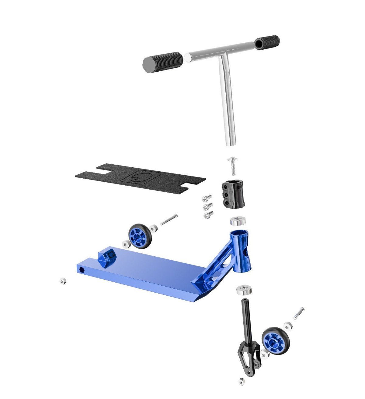 Exploded view of the Sequel Finger Scooter showing the zinc alloy bar with silicone grips, zinc alloy SCS clamp, real headset bearings, aluminum deck with 3M EVA foam tape, zinc alloy fork and silicone PU wheels on zinc alloy hubs